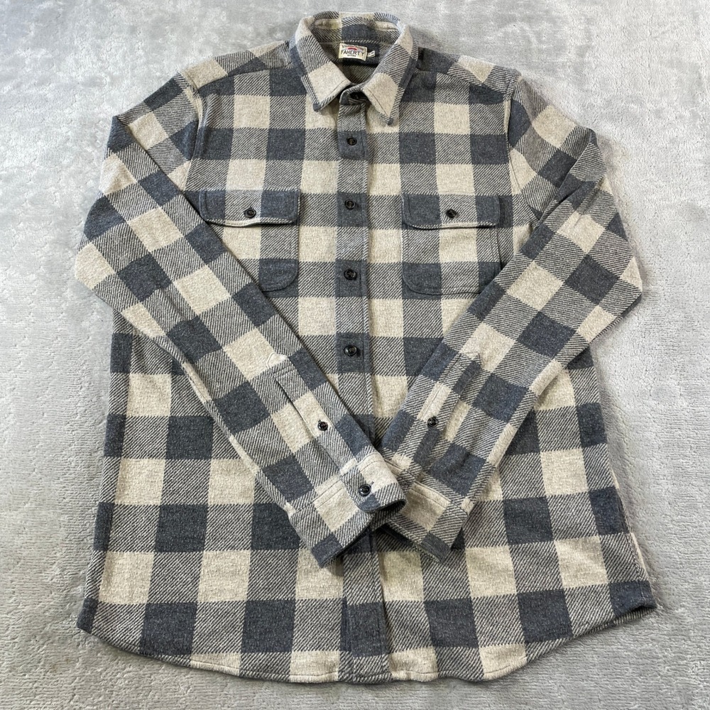 Faherty Flannel Sweater Shirt Mens Large Grey Plaid Buffalo Check Fall Casual